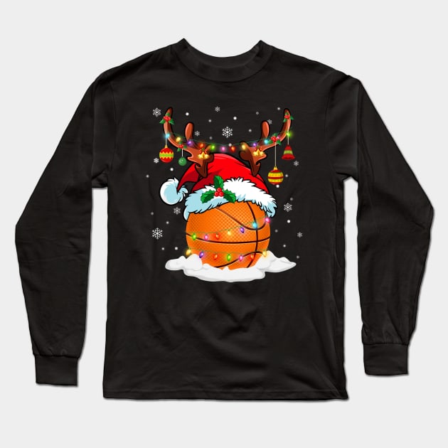 Reindeer Santa Hat Basketball Christmas Lights Xmas Long Sleeve T-Shirt by Dunnhlpp